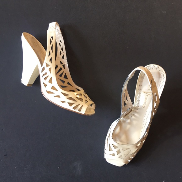 Vince Camuto Shoes - Vince Camuto cream laser cut wedge heel mules